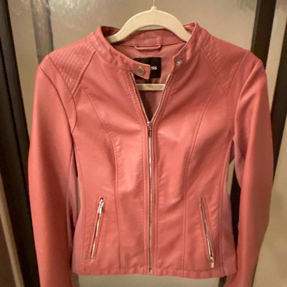 Pink Leather bomber jacket from express